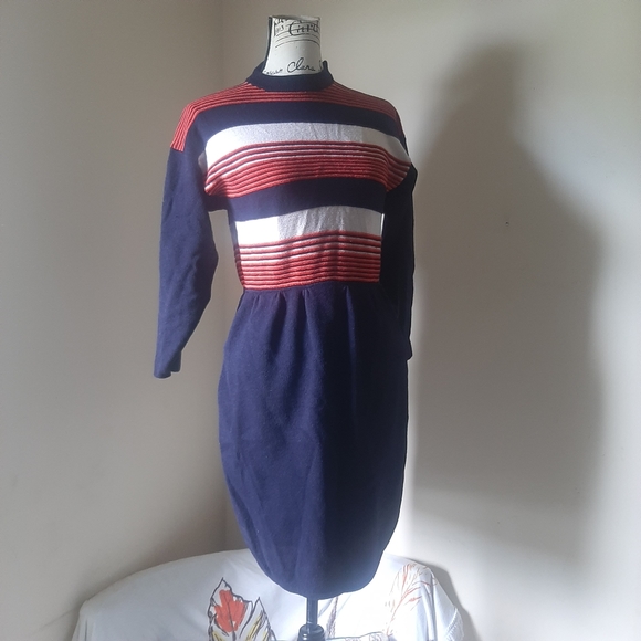 RARE St. John Neiman Marcus Collab Wool 1960s 1970s Striped Dress - Picture 4 of 11